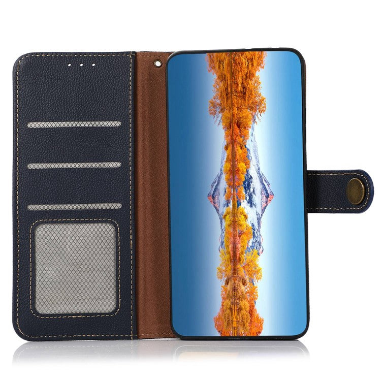 KHAZNEH For OnePlus Nord 3 5G / Ace 2V RFID Blocking Wallet Case Fall Protection Genuine Cow Leather Stand Phone Cover - Blue