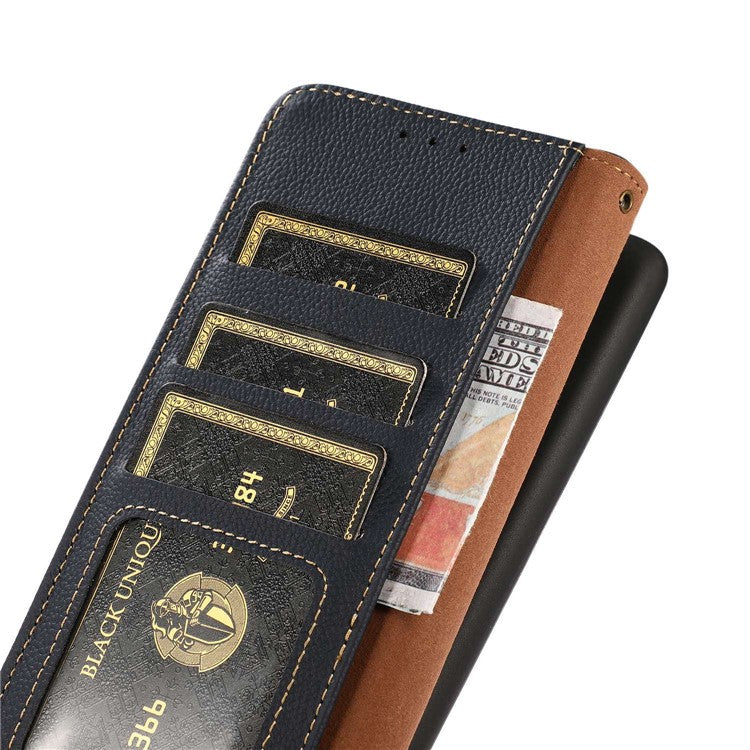 KHAZNEH For OnePlus Nord 3 5G / Ace 2V RFID Blocking Wallet Case Fall Protection Genuine Cow Leather Stand Phone Cover - Blue