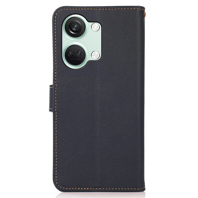 KHAZNEH For OnePlus Nord 3 5G / Ace 2V RFID Blocking Wallet Case Fall Protection Genuine Cow Leather Stand Phone Cover - Blue