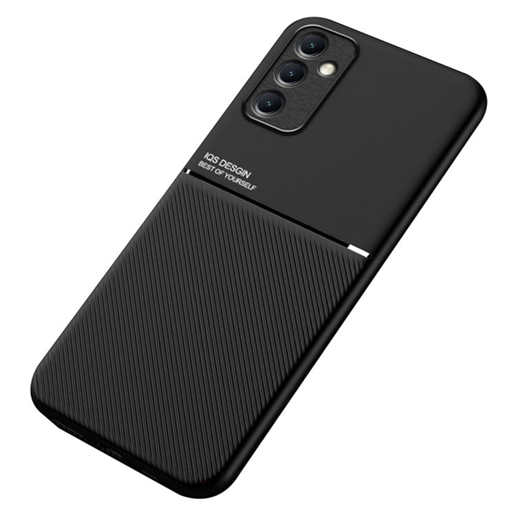 For Samsung Galaxy M14 5G Phone Case Lines Imprinted Leather+TPU Cover Support Magnetic Car Mount - Black
