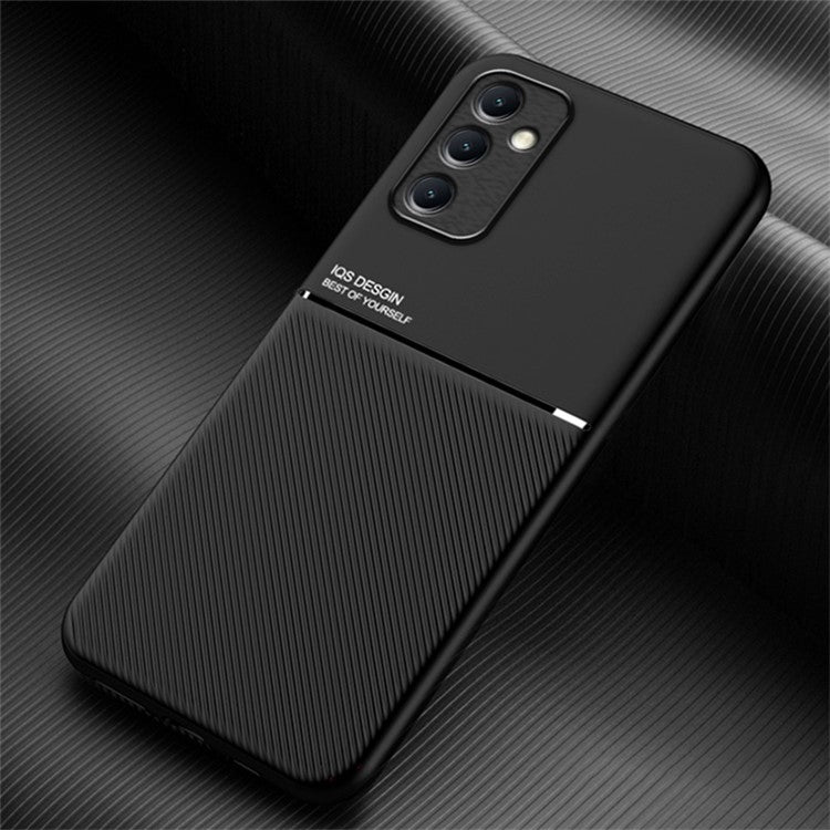 For Samsung Galaxy M14 5G Phone Case Lines Imprinted Leather+TPU Cover Support Magnetic Car Mount - Black