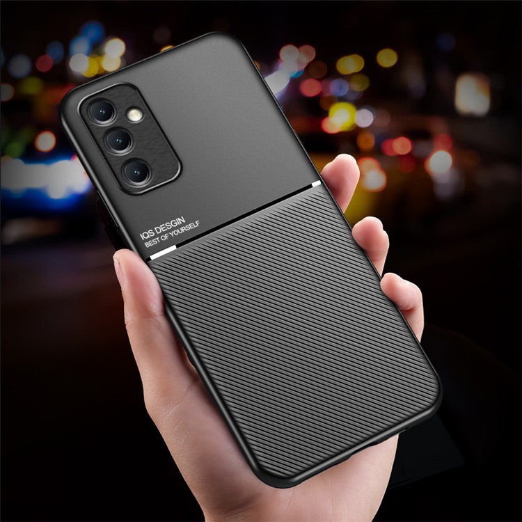 For Samsung Galaxy M14 5G Phone Case Lines Imprinted Leather+TPU Cover Support Magnetic Car Mount - Black