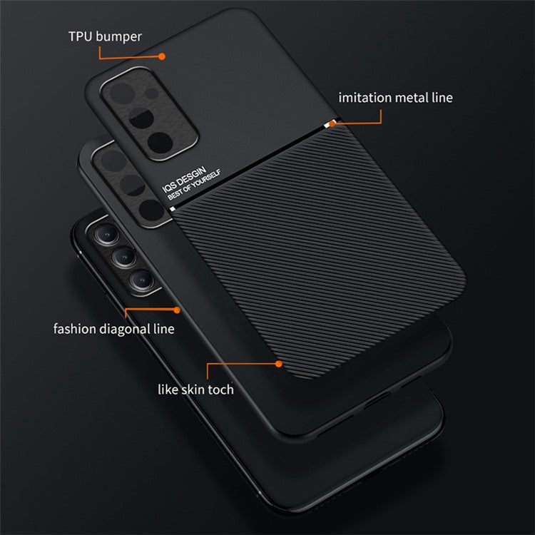 For Samsung Galaxy M14 5G Phone Case Lines Imprinted Leather+TPU Cover Support Magnetic Car Mount - Black