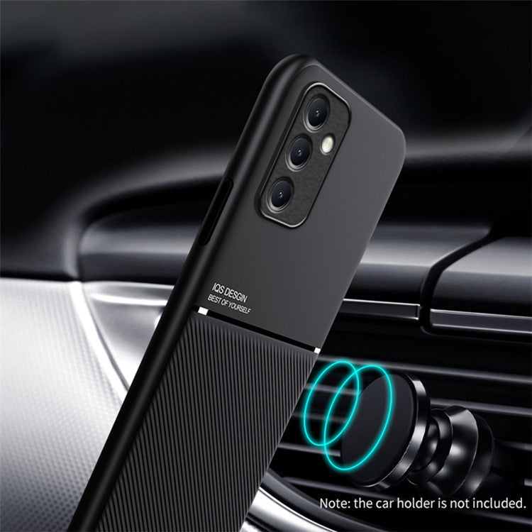 For Samsung Galaxy M14 5G Phone Case Lines Imprinted Leather+TPU Cover Support Magnetic Car Mount - Black