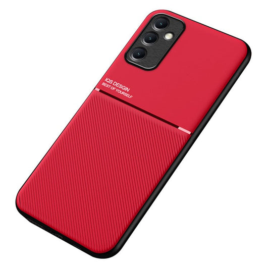 For Samsung Galaxy M14 5G Phone Case Lines Imprinted Leather+TPU Cover Support Magnetic Car Mount - Red