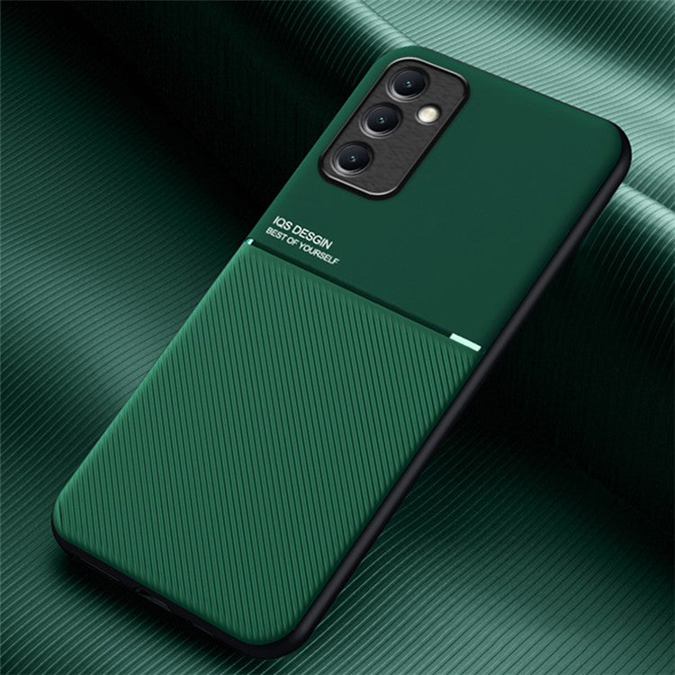 For Samsung Galaxy M14 5G Phone Case Lines Imprinted Leather+TPU Cover Support Magnetic Car Mount - Green