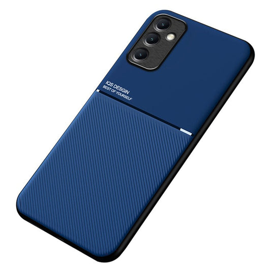 For Samsung Galaxy M14 5G Phone Case Lines Imprinted Leather+TPU Cover Support Magnetic Car Mount - Blue