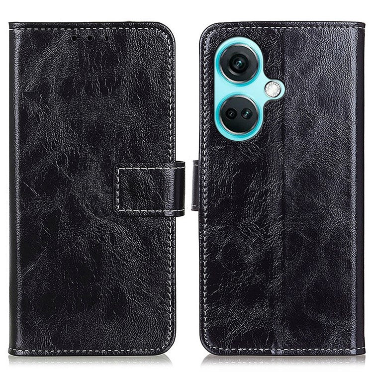 For OnePlus Nord CE3 5G Wallet Leather Phone Case Retro Crazy Horse Texture Stand Phone Cover - Black