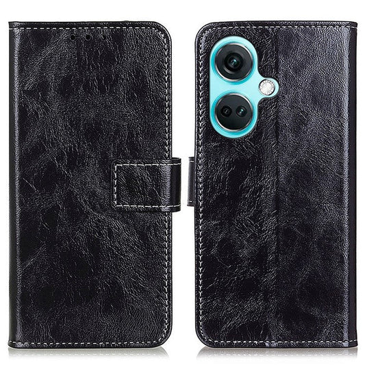 For OnePlus Nord CE3 5G Wallet Leather Phone Case Retro Crazy Horse Texture Stand Phone Cover - Black