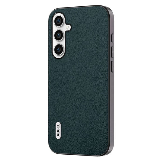 ABEEL Litchi Texture Case for Samsung Galaxy A14 4G / A14 5G , Shockproof Genuine Cow Leather Coated PC+TPU Phone Cover - Midnight Green