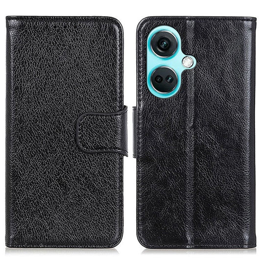 For OnePlus Nord CE3 5G Split Leather Wallet Case Nappa Texture Phone Cover with Stand Function - Black