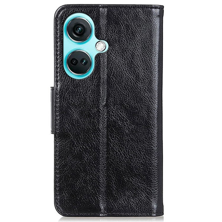 For OnePlus Nord CE3 5G Split Leather Wallet Case Nappa Texture Phone Cover with Stand Function - Black