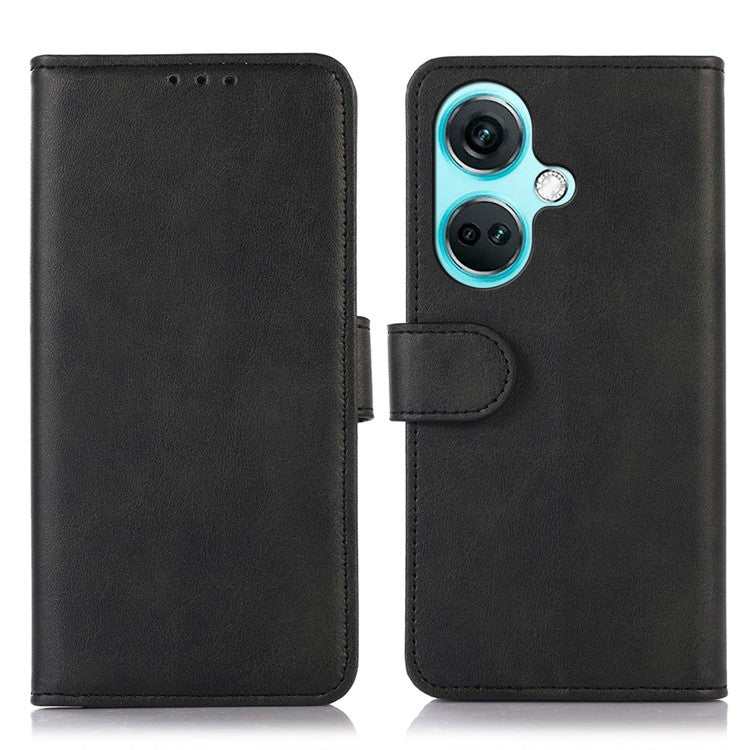 For OnePlus Nord CE3 5G Phone Wallet Case Phone Stand Cowhide Texture PU Leather Cover - Black