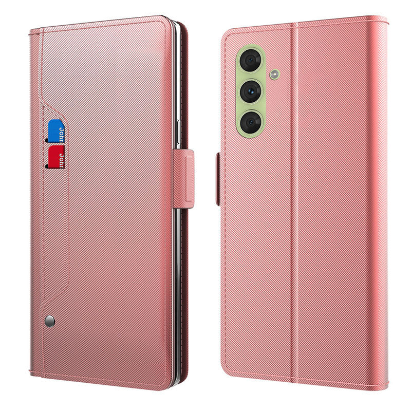 For Samsung Galaxy F34 5G / M34 5G PU Leather Phone Stand Cover Anti-Scratch Phone Case Shell with Card Slot and Built-in Mirror - Rose Gold