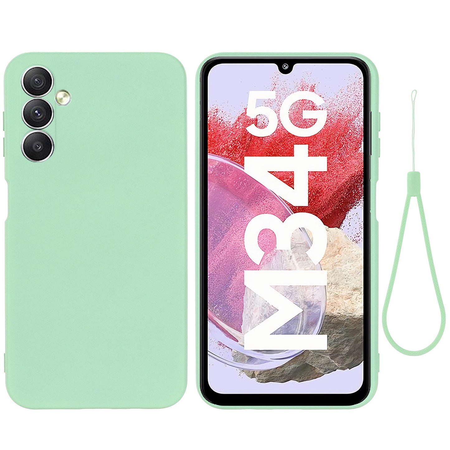For Samsung Galaxy F34 5G / M34 5G Liquid Silicone Phone Case Soft Lining Shockproof Cover with Strap - Green