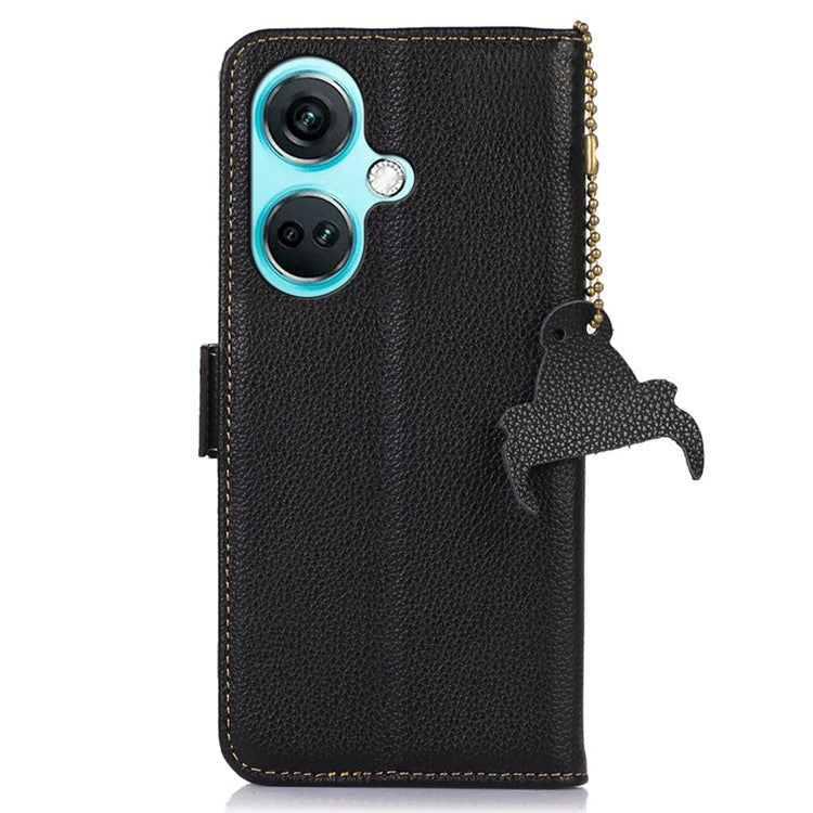For OnePlus Nord CE3 5G Genuine Cow Leather RFID Blocking Phone Case Litchi Texture Stand Wallet Cover - Black