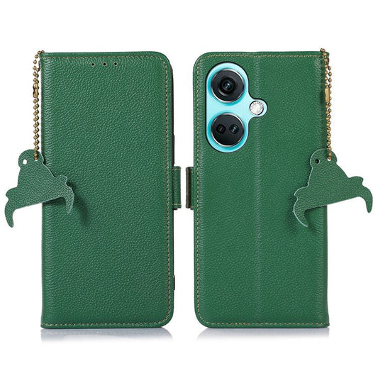 For OnePlus Nord CE3 5G Genuine Cow Leather RFID Blocking Phone Case Litchi Texture Stand Wallet Cover - Green