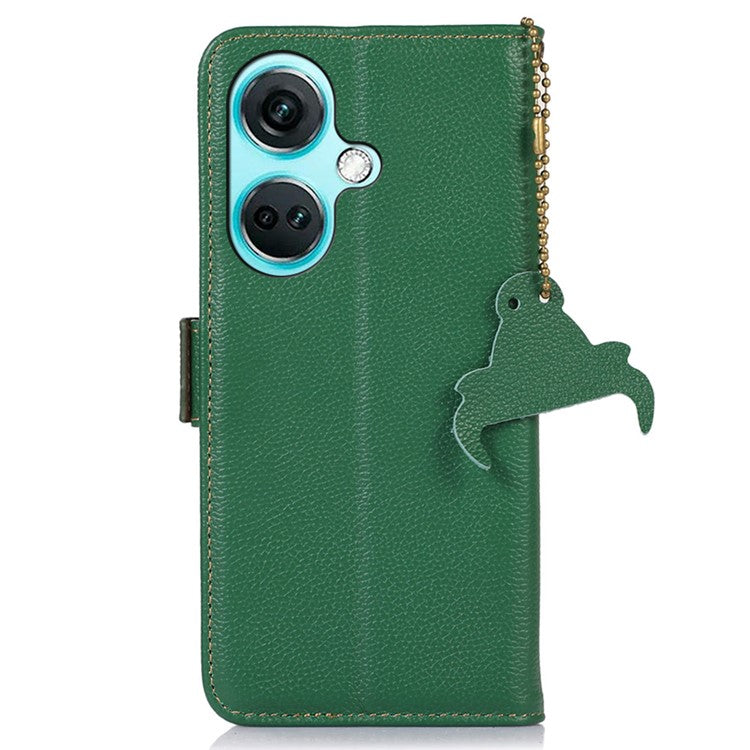 For OnePlus Nord CE3 5G Genuine Cow Leather RFID Blocking Phone Case Litchi Texture Stand Wallet Cover - Green