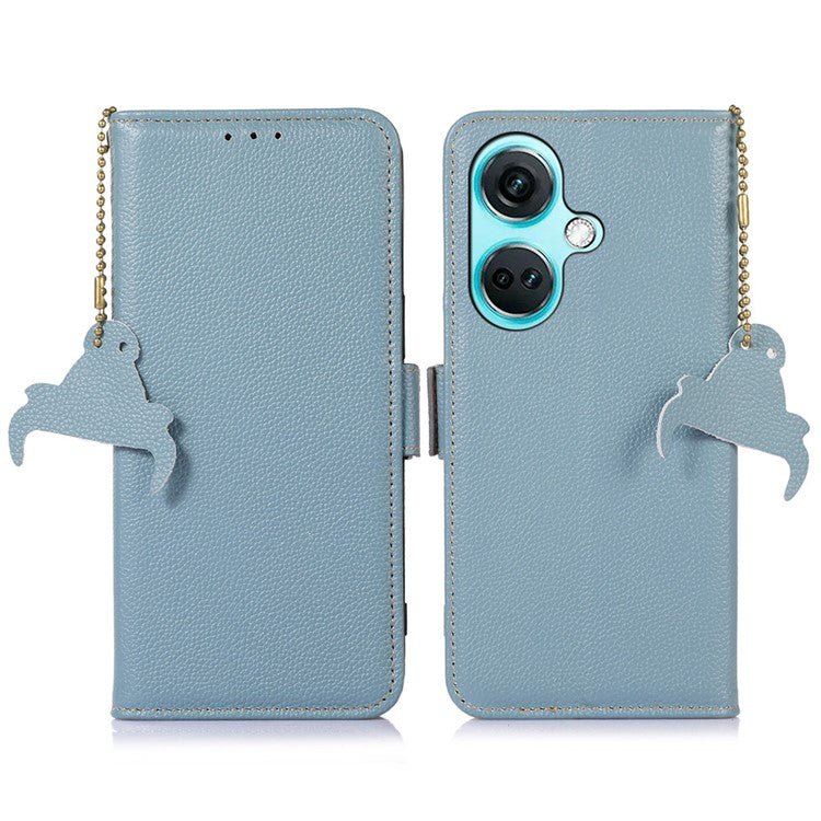 For OnePlus Nord CE3 5G Genuine Cow Leather RFID Blocking Phone Case Litchi Texture Stand Wallet Cover - Blue