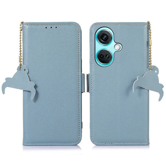 For OnePlus Nord CE3 5G Genuine Cow Leather RFID Blocking Phone Case Litchi Texture Stand Wallet Cover - Blue