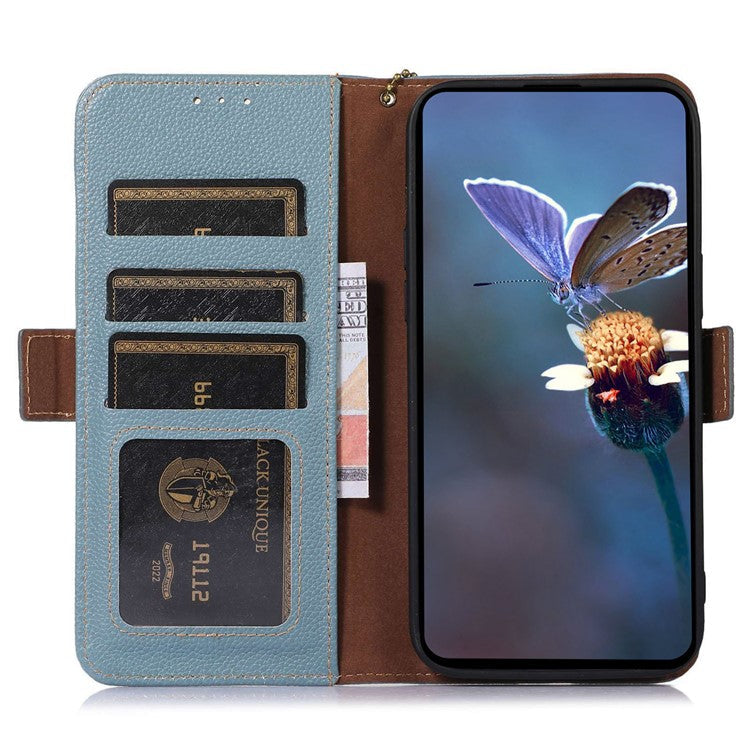 For OnePlus Nord CE3 5G Genuine Cow Leather RFID Blocking Phone Case Litchi Texture Stand Wallet Cover - Blue
