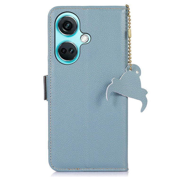 For OnePlus Nord CE3 5G Genuine Cow Leather RFID Blocking Phone Case Litchi Texture Stand Wallet Cover - Blue