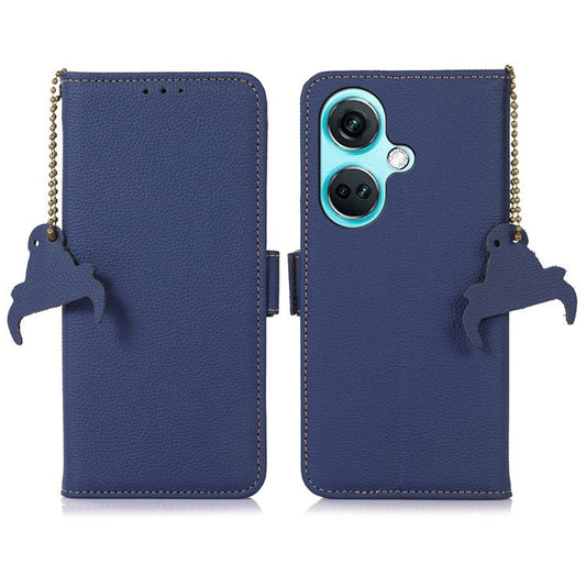 For OnePlus Nord CE3 5G Genuine Cow Leather RFID Blocking Phone Case Litchi Texture Stand Wallet Cover - Sapphire