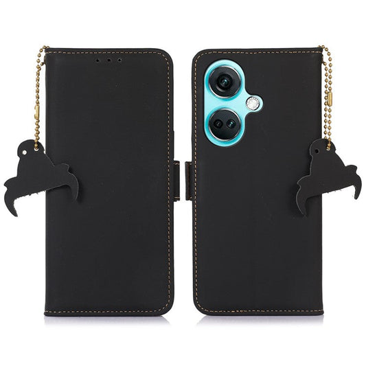 For OnePlus Nord CE3 5G RFID Blocking Phone Case Silky Genuine Cow Leather Wallet Stand Cover - Black