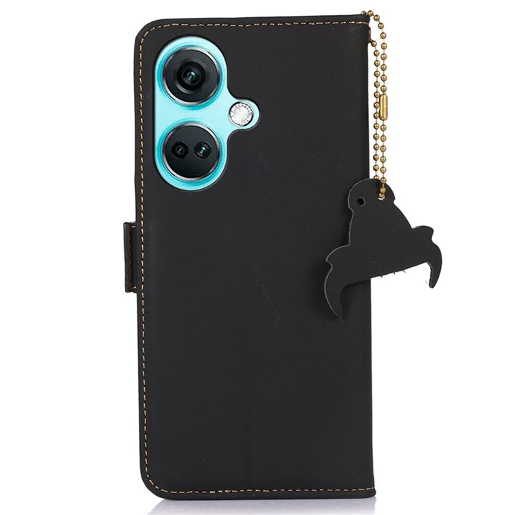 For OnePlus Nord CE3 5G RFID Blocking Phone Case Silky Genuine Cow Leather Wallet Stand Cover - Black