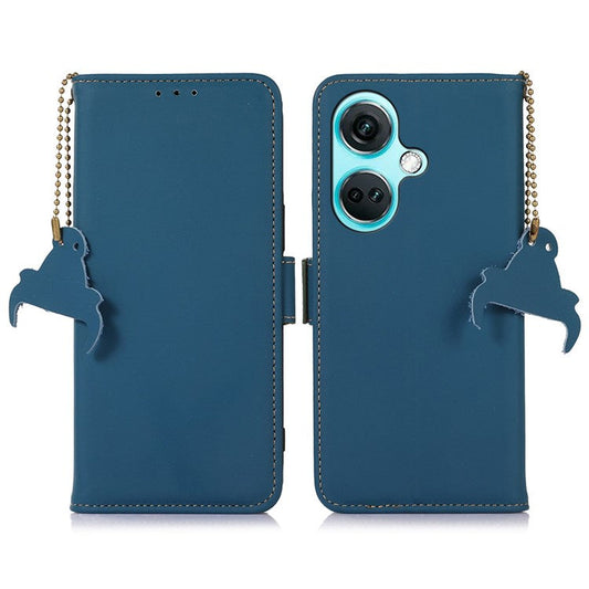 For OnePlus Nord CE3 5G RFID Blocking Phone Case Silky Genuine Cow Leather Wallet Stand Cover - Blue