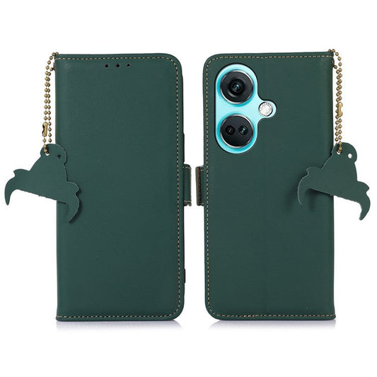 For OnePlus Nord CE3 5G RFID Blocking Phone Case Silky Genuine Cow Leather Wallet Stand Cover - Green