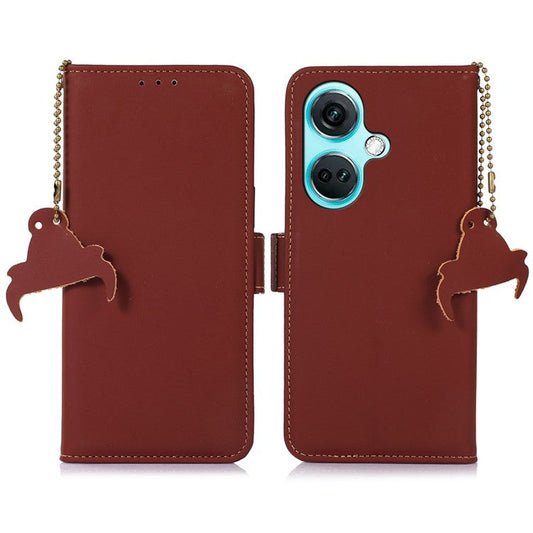 For OnePlus Nord CE3 5G RFID Blocking Phone Case Silky Genuine Cow Leather Wallet Stand Cover - Coffee