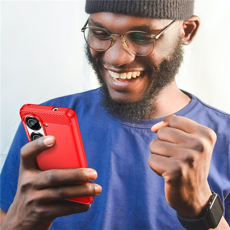 For Asus Zenfone 10 5G Carbon Fiber Texture Phone TPU Case Brushed Phone Protective Cover - Red