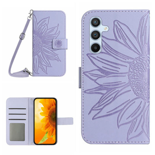 HT04 For Samsung Galaxy F34 5G / M34 5G Leather Wallet Stand Phone Case Sunflower Imprinted Cover with Shoulder Strap - Light Purple