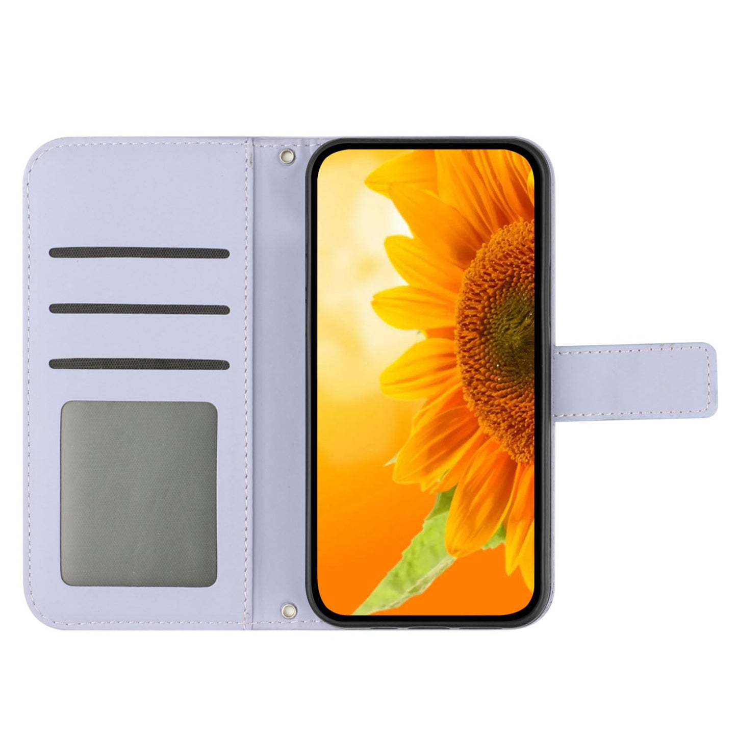 HT04 For Samsung Galaxy F34 5G / M34 5G Leather Wallet Stand Phone Case Sunflower Imprinted Cover with Shoulder Strap - Light Purple