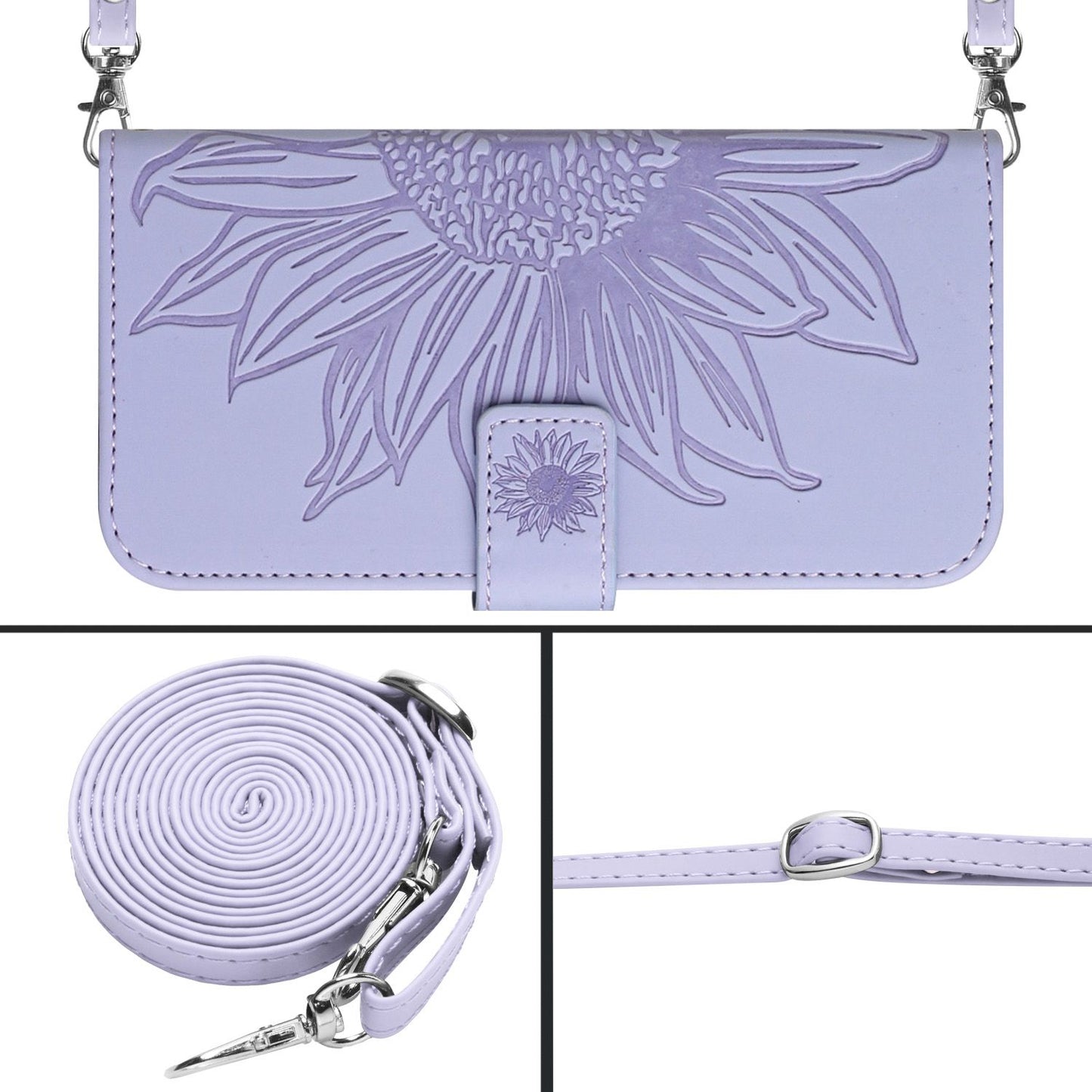 HT04 For Samsung Galaxy F34 5G / M34 5G Leather Wallet Stand Phone Case Sunflower Imprinted Cover with Shoulder Strap - Light Purple