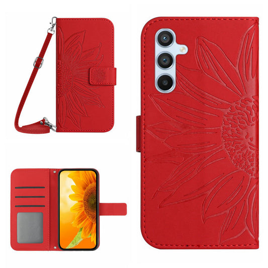 HT04 For Samsung Galaxy F34 5G / M34 5G Leather Wallet Stand Phone Case Sunflower Imprinted Cover with Shoulder Strap - Red