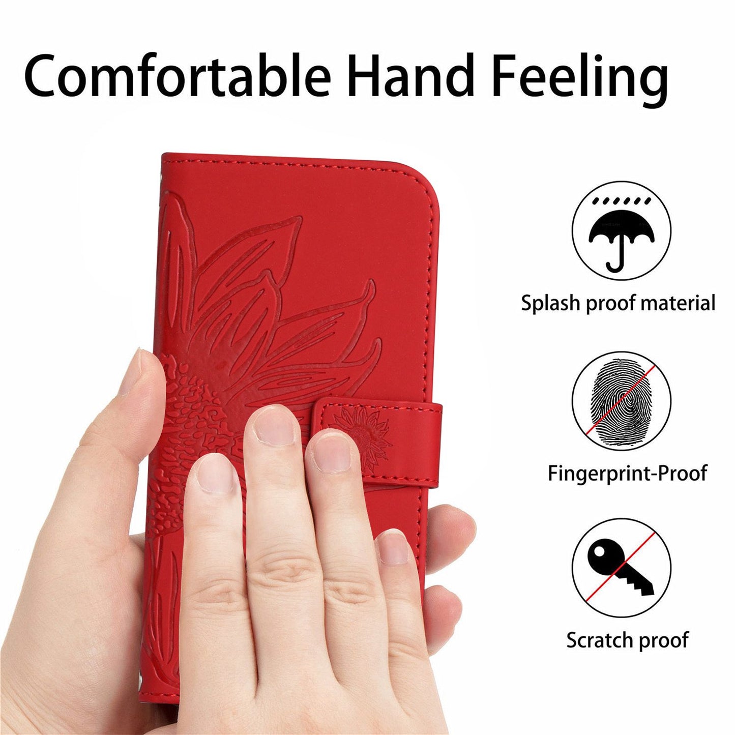 HT04 For Samsung Galaxy F34 5G / M34 5G Leather Wallet Stand Phone Case Sunflower Imprinted Cover with Shoulder Strap - Red