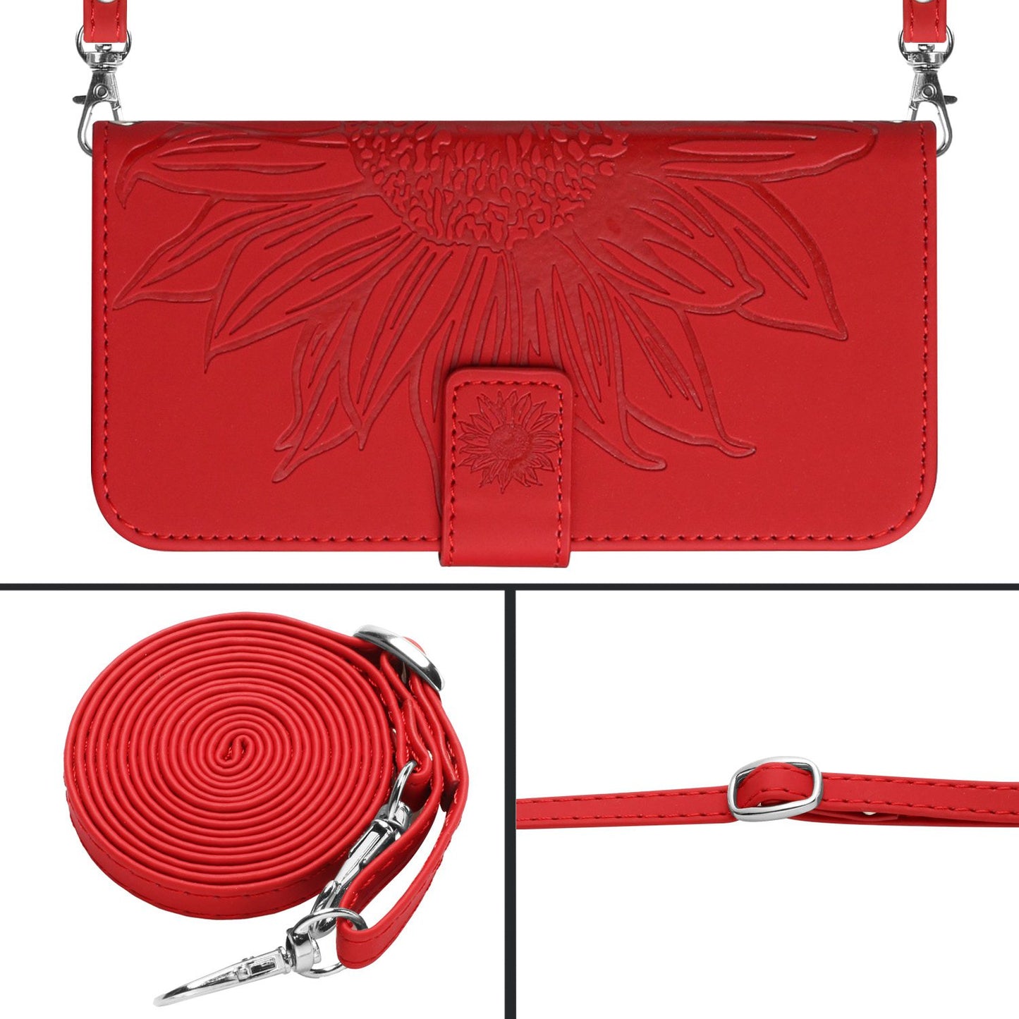 HT04 For Samsung Galaxy F34 5G / M34 5G Leather Wallet Stand Phone Case Sunflower Imprinted Cover with Shoulder Strap - Red