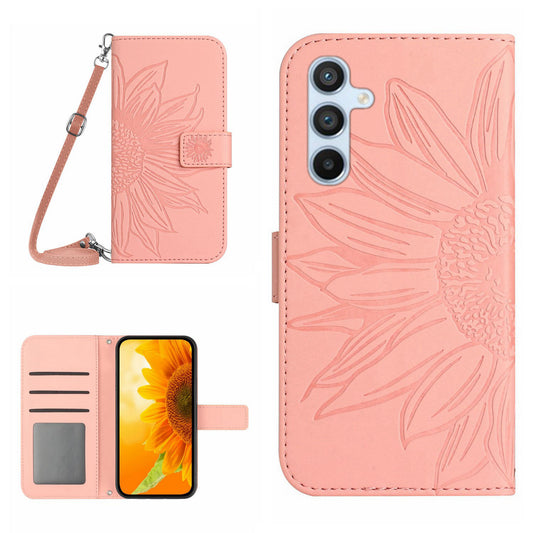 HT04 For Samsung Galaxy F34 5G / M34 5G Leather Wallet Stand Phone Case Sunflower Imprinted Cover with Shoulder Strap - Light Pink