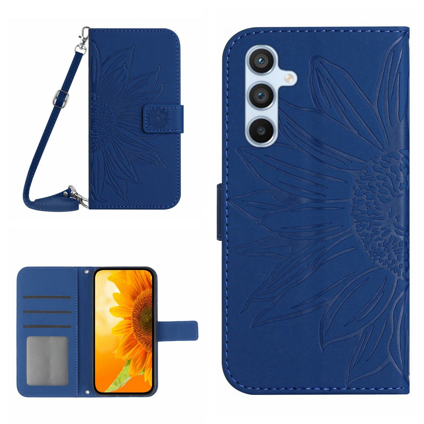 HT04 For Samsung Galaxy F34 5G / M34 5G Leather Wallet Stand Phone Case Sunflower Imprinted Cover with Shoulder Strap - Sapphire
