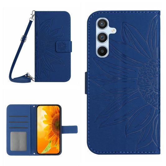 HT04 For Samsung Galaxy F34 5G / M34 5G Leather Wallet Stand Phone Case Sunflower Imprinted Cover with Shoulder Strap - Sapphire