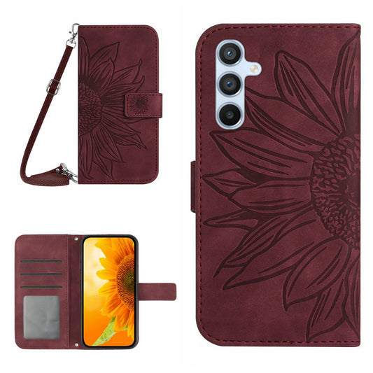 HT04 For Samsung Galaxy F34 5G / M34 5G Leather Wallet Stand Phone Case Sunflower Imprinted Cover with Shoulder Strap - Wine Red