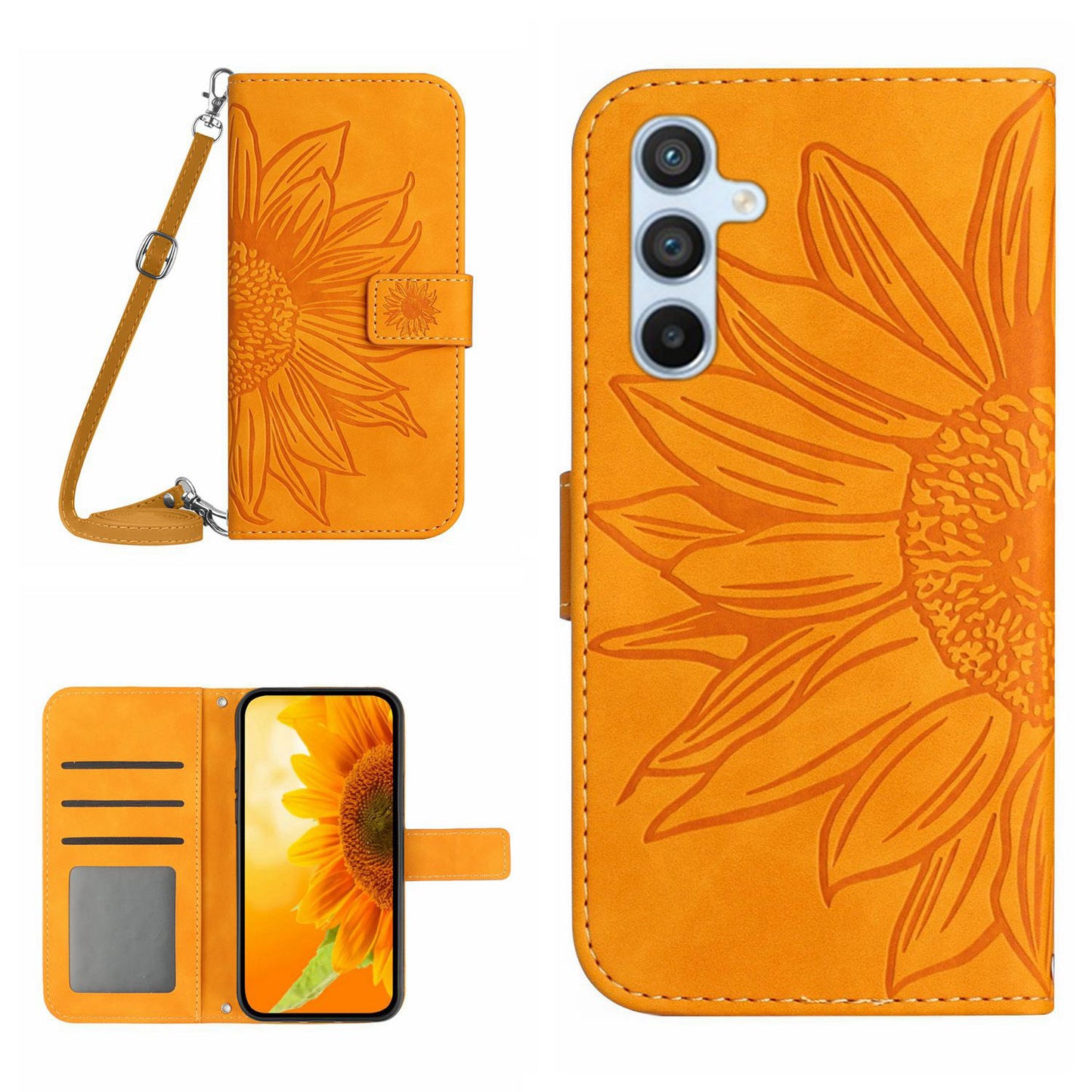 HT04 For Samsung Galaxy F34 5G / M34 5G Leather Wallet Stand Phone Case Sunflower Imprinted Cover with Shoulder Strap - Yellow
