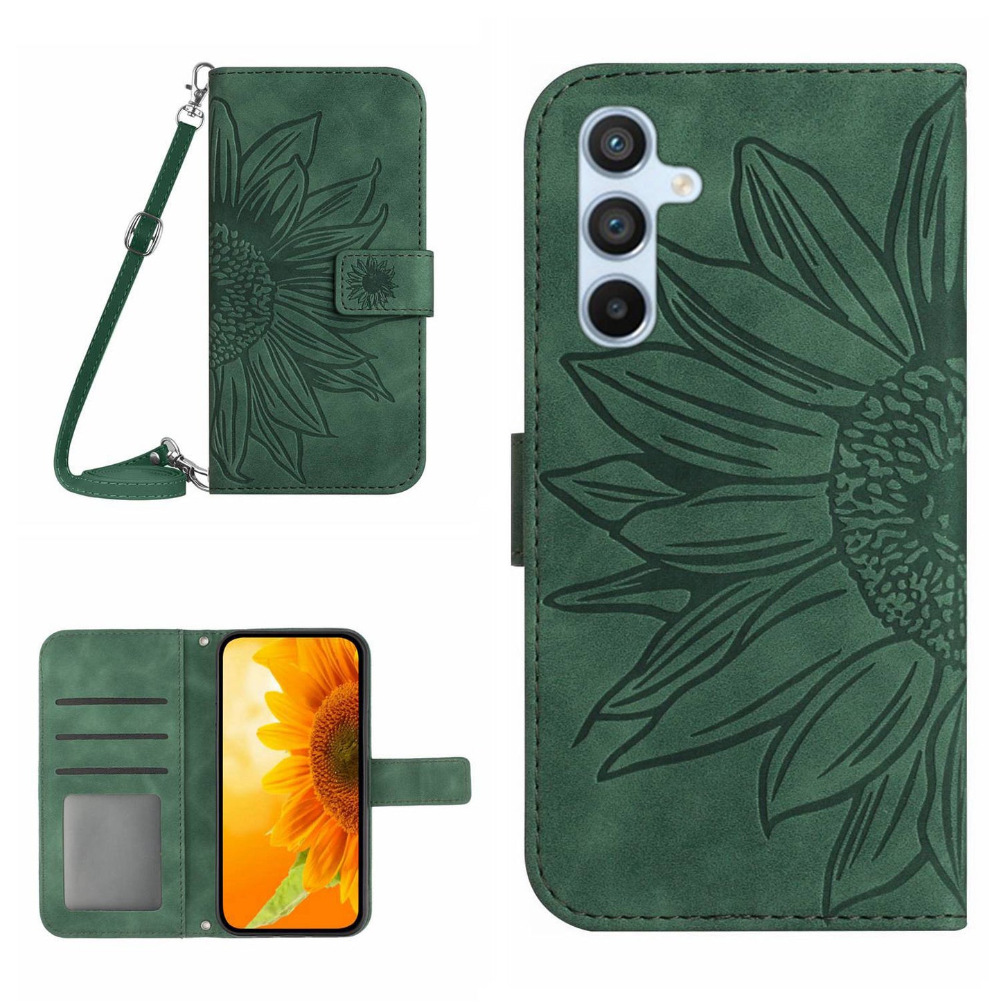 HT04 For Samsung Galaxy F34 5G / M34 5G Leather Wallet Stand Phone Case Sunflower Imprinted Cover with Shoulder Strap - Dark Green