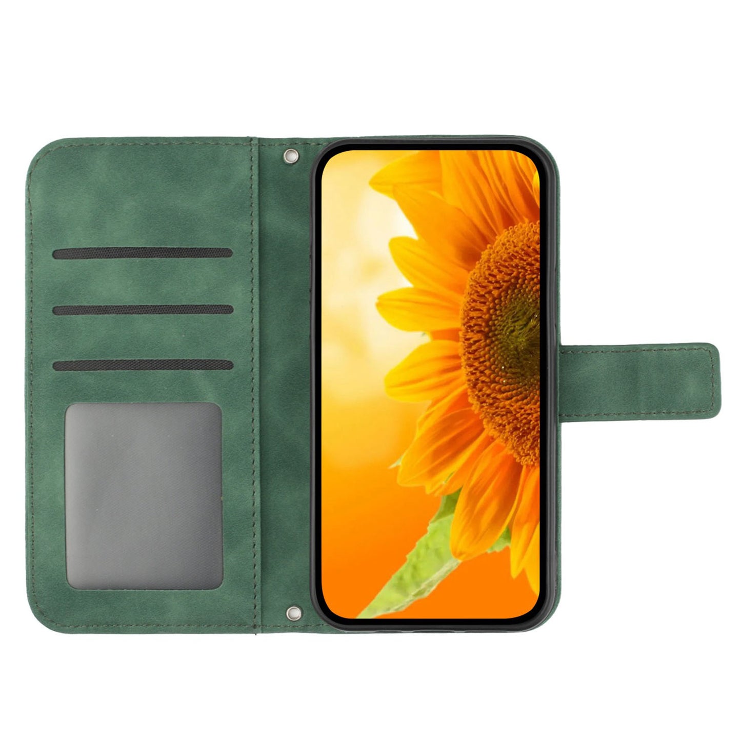 HT04 For Samsung Galaxy F34 5G / M34 5G Leather Wallet Stand Phone Case Sunflower Imprinted Cover with Shoulder Strap - Dark Green