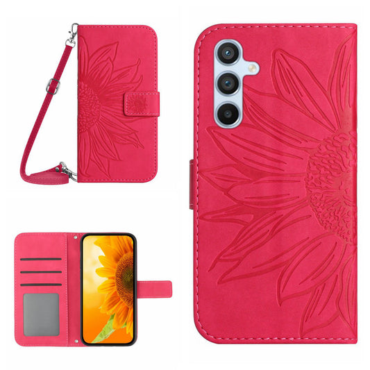 HT04 For Samsung Galaxy F34 5G / M34 5G Leather Wallet Stand Phone Case Sunflower Imprinted Cover with Shoulder Strap - Rose