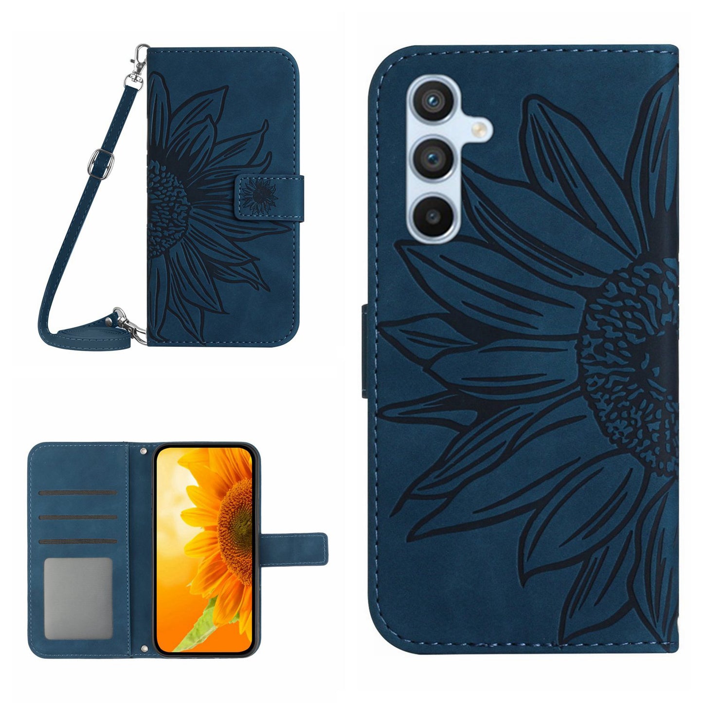 HT04 For Samsung Galaxy F34 5G / M34 5G Leather Wallet Stand Phone Case Sunflower Imprinted Cover with Shoulder Strap - Dark Blue