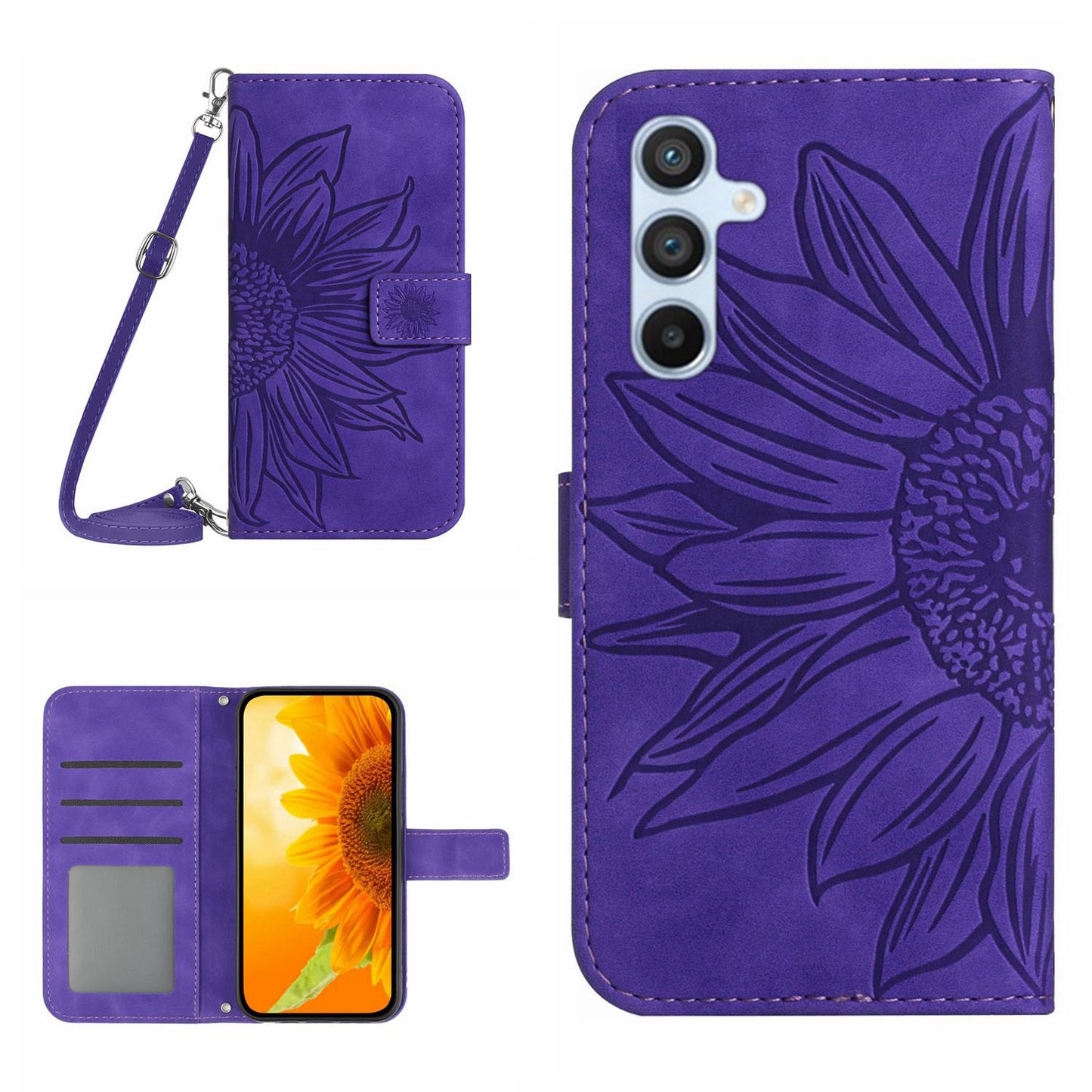 HT04 For Samsung Galaxy F34 5G / M34 5G Leather Wallet Stand Phone Case Sunflower Imprinted Cover with Shoulder Strap - Dark Purple