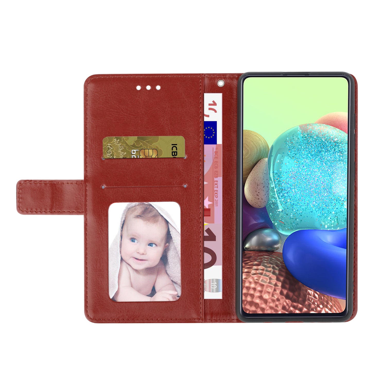HT01 For Samsung Galaxy F34 5G / M34 5G Phone Stand Case Y-shaped Line Imprinted Leather Wallet Cover - Brown